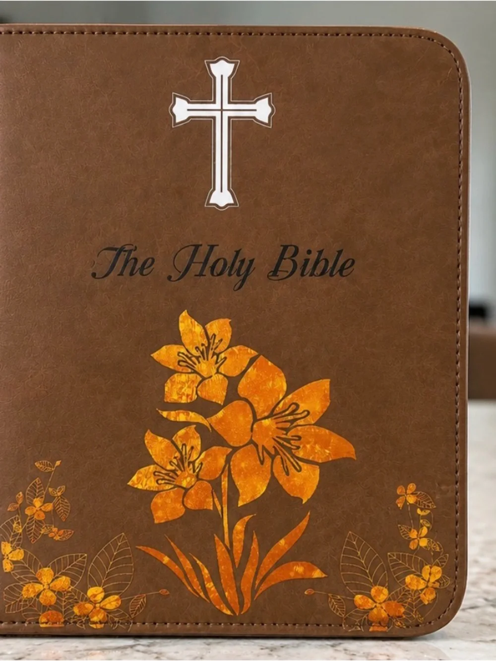 The Holy Bible Faux Leather Wall Art - Brown with Orange Floral